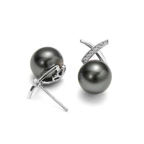Diane earrings: 8-9mm Tahitian South Sea pearls with CZ pavé accents in a silver-tone setting (pair)