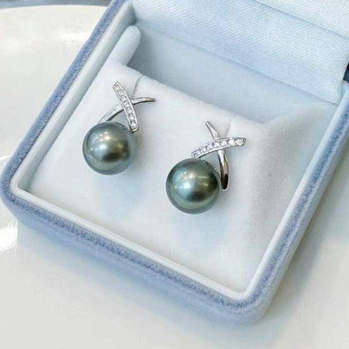 Diane Earrings by House Of Pearls, 8-9mm Tahitian South Sea pearls with CZ, gray-green