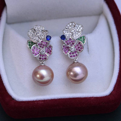 10-11mm Freshwater Pearl & Color Floral Earrings - Earrings made with hand-selected pearls from House of Pearls