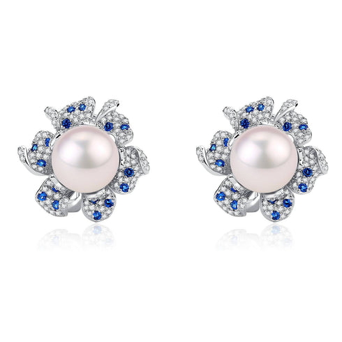 10-11mm Freshwater Pearl CZ Flower Earrings - House Of Pearls
