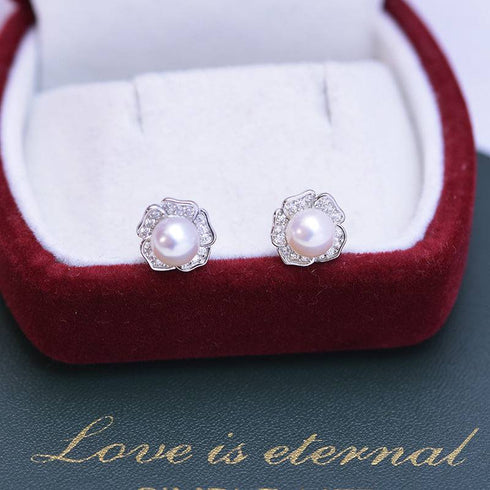 6-7mm Freshwater Pearl & Petal Rose Earrings - House Of Pearls