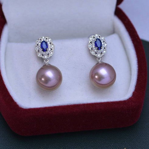 11-12mm Freshwater Pearl & Blue Gem Earrings - House Of Pearls