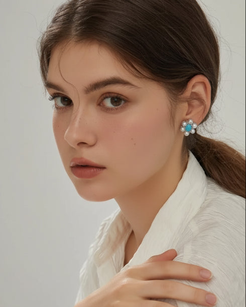 Blue Turquoise and Freshwater Pearl Floral Stud Earrings