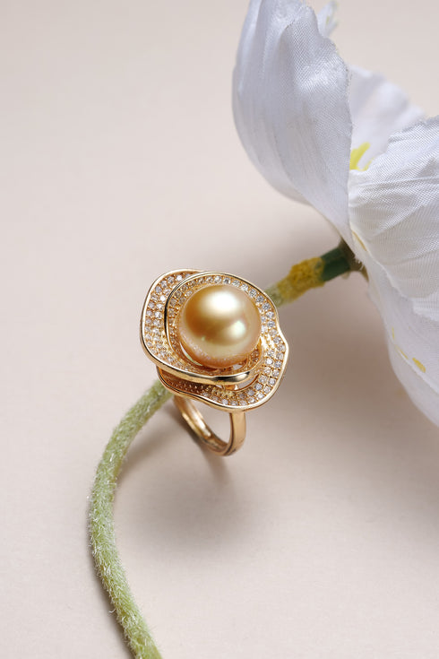 Ring: 10-11mm South Sea Golden Pearl Star Cubic Zirconia Open Ring in gold-tone