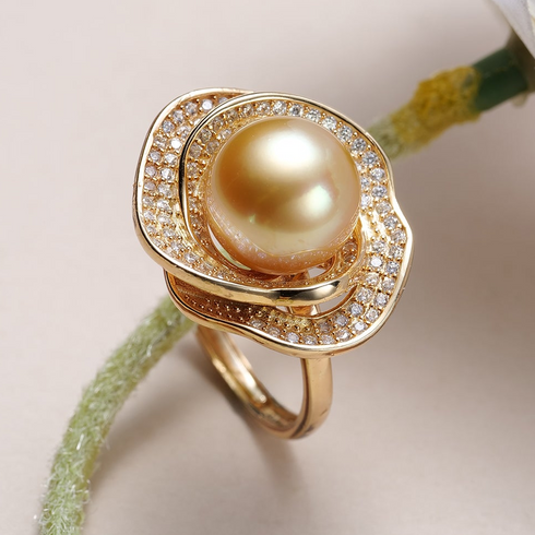 10–11mm Golden South Sea Pearl Rose Halo Ring, gold band with pavé diamond halo