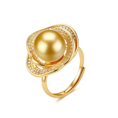 Ring: Gold South Sea pearl open ring with pave cubic zirconia halo, House Of Pearls - TA