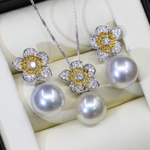 Flower freshwater pearl earrings necklace set, 3-piece silver-tone jewelry by House of Pearls-TA with pearl drops