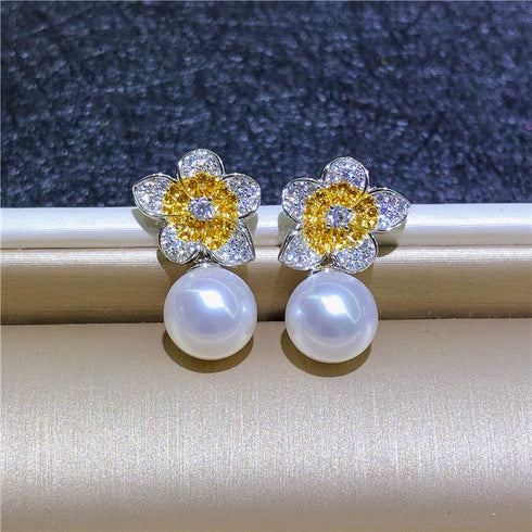 Flower freshwater pearl earrings set; pair with flower-petal design and pearl drops