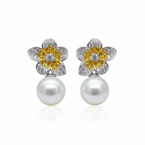 Flower freshwater pearl earrings, pair of silver crystal-petal studs with yellow centers and pearl drops