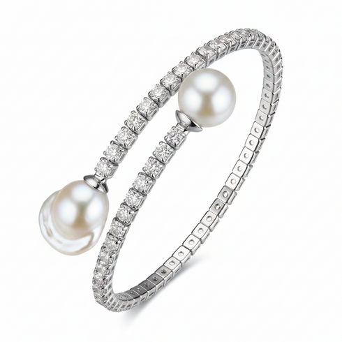 Crystal Baroque Bracelet by House of Pearls - SY; silver-tone pavé-diamond band with two large pearls