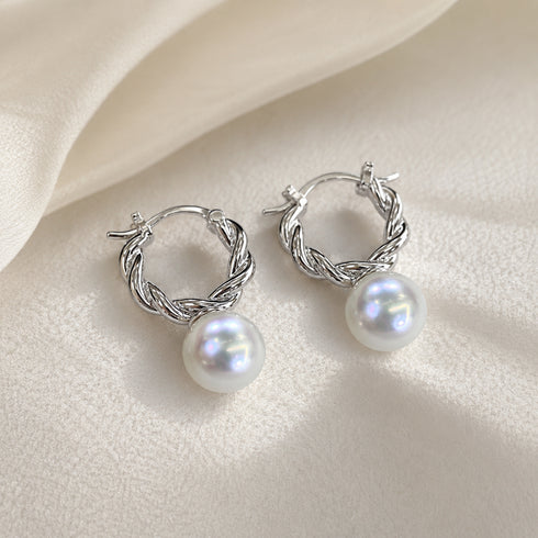9-11mm Round Hoop Freshwater Pearl Earrings, twisted silver hoops with iridescent pearls, pair