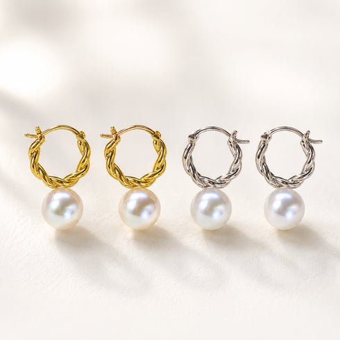 Earrings: set of four gold-tone and silver-tone twisted hoops with 9-11mm freshwater pearls.
