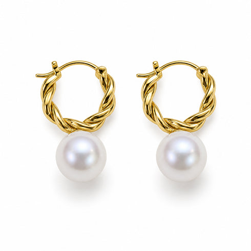 Hoop earrings: pair of gold-tone twisted hoops with dangling freshwater pearls
