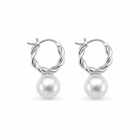 Earrings: 9-11mm round hoop freshwater pearl drops on twisted silver hoops, House Of Pearls - TA