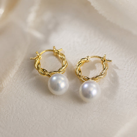Earrings: pair of 9–11mm round hoop freshwater pearl earrings with twisted gold hoops, House Of Pearls TA