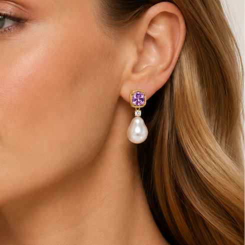 Earrings, 9-11mm amethyst pink and white baroque pearl drop in gold setting