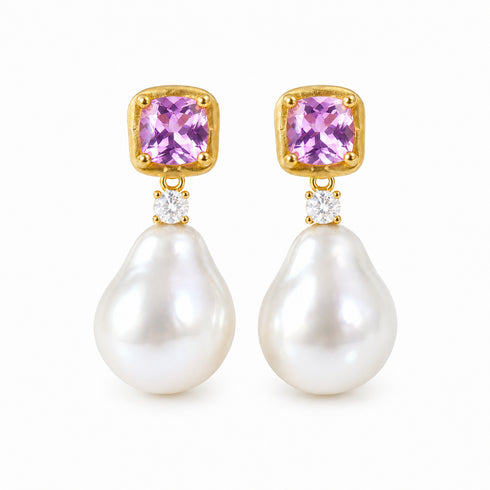 Earrings pair by House Of Pearls: amethyst pink and white baroque pearl drop earrings in gold with clear stones