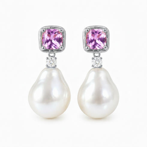 9-11mm Amethyst Pink Cushion-Cut Stones Baroque Pearl Earrings, pair with pearl drops on silver settings
