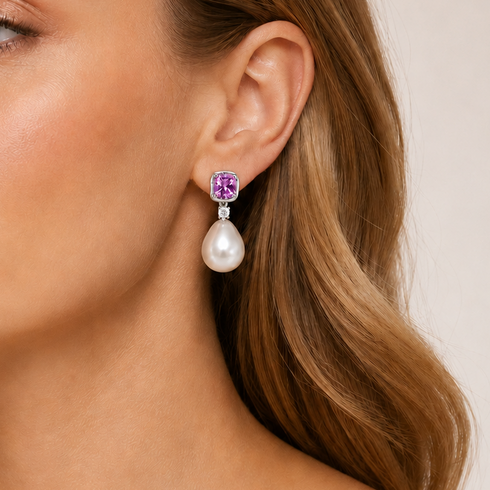 Earrings, 9-11mm amethyst-pink gemstone with white baroque pearl drop