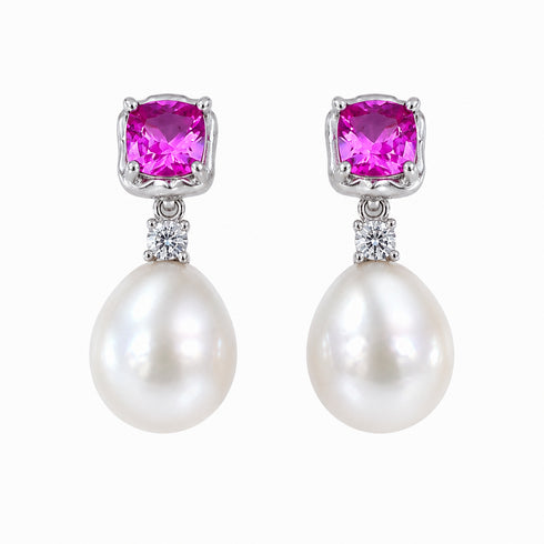 Pair of earrings: pink amethyst cushion-cut stones with white baroque pearl drops