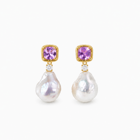 Pair of House Of Pearls earrings: 9-11mm amethyst pink white baroque pearl drops in gold settings