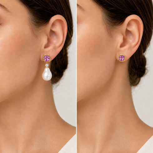 House Of Pearls earrings: 9-11mm amethyst pink cushion-cut gem, gold setting, white baroque pearl drop