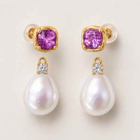 Pair of earrings, 9-11mm Amethyst Pink White Baroque Pearl with gold setting and drop pearl, House Of Pearls