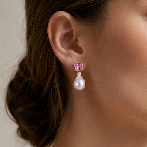 Earrings: square amethyst pink gemstone with white baroque pearl drop by House Of Pearls