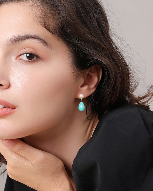 Freshwater Pearl and Waterdrop Turquoise Earrings - Earrings made with hand-selected pearls from House of Pearls