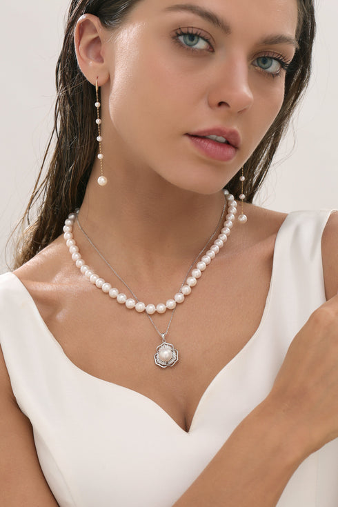 Pearl jewelry set: 7.0–7.5mm white freshwater pearls in a short necklace, long earrings, and pendant necklace by House Of Pearls