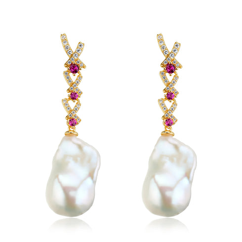 Pair of gold-tone freshwater pearl baroque drop earrings with crystal-studded X-shaped segments and pink stones