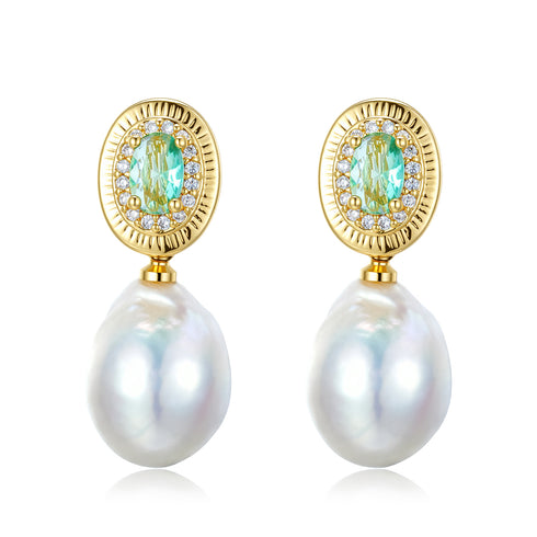 Earrings, 2-piece set: 9–11mm baroque freshwater pearl drops with emerald accents in gold