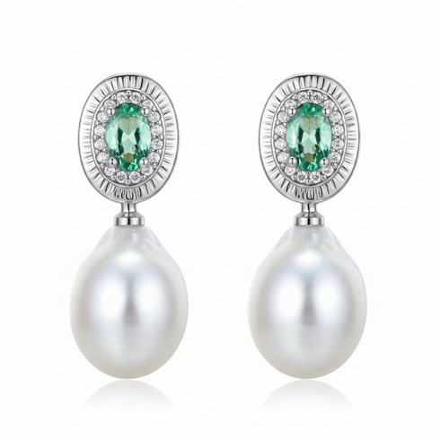 Pair of earrings: House of Pearls SY 9–11mm baroque freshwater pearl drop with emerald accent, silver-tone setting.