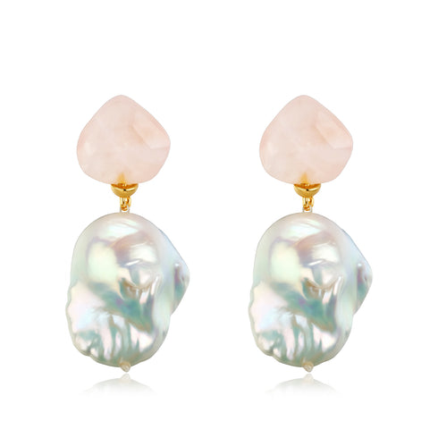Baroque Pearl Rose Quartz Drop Earrings - Earrings made with hand-selected pearls from House of Pearls