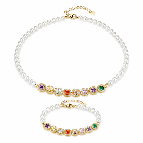 Freshwater pearl rainbow jewelry set (2-piece): necklace and bracelet with gold-tone settings and colorful crystals