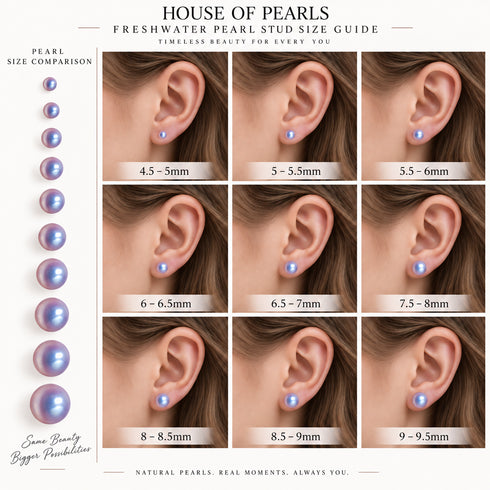 Grey button freshwater pearl stud earrings by House Of Pearls -JT in nine sizes (4.5-9.5 mm).