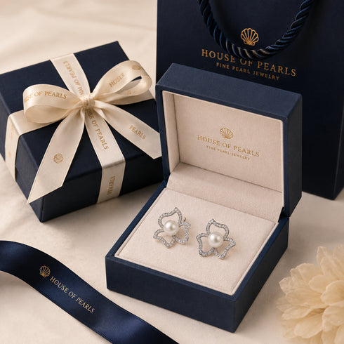 Aurora White Freshwater Pearl Floral Stud Earrings by House Of Pearls; pearl center with pavé petals