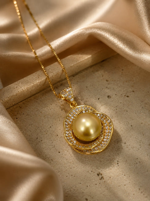 10–11mm South Sea Golden Pearl Rose-Halo Pendant Necklace on a gold chain with diamond accents.
