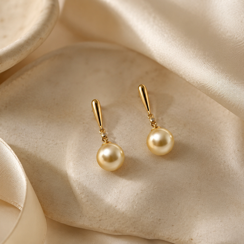 10–11mm Golden South Sea Pearl Minimalist Drop Earrings, gold-tone drops with two pearls — House Of Pearls - XM
