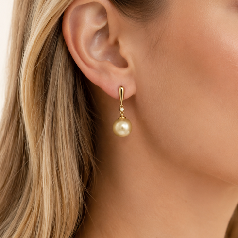 10–11mm Golden South Sea Pearl Minimalist Drop Earrings with gold-tone setting
