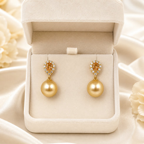 Pair of House Of Pearls 11-12mm Golden South Sea Champagne Halo Pearl Drop Earrings