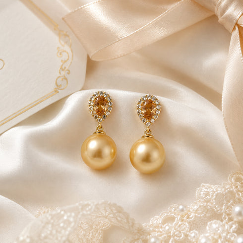 11–12mm Golden South Sea Champagne Halo Earrings by House Of Pearls, pearl drop with crystal halo