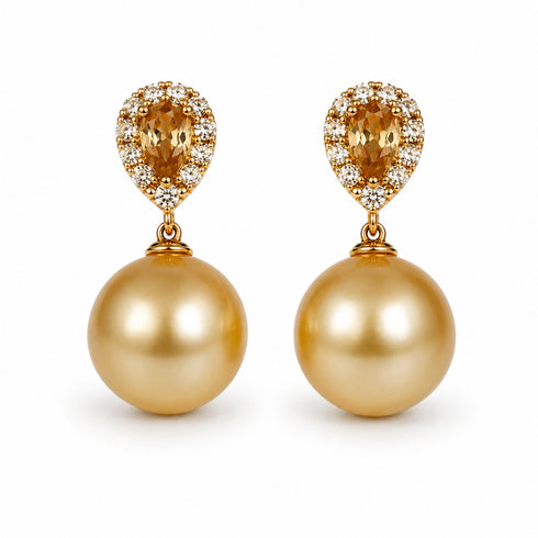 House Of Pearls Earrings: 11–12mm Golden South Sea Champagne Halo with crystal surround and large golden pearls.