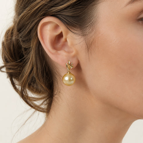 Drop earrings: 18K gold with 12–13mm Golden South Sea pearl and diamond-accent top