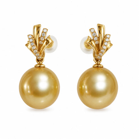 Pair of 12-13mm Golden South Sea pearl drop earrings in 18K gold with diamond-accented leaf motifs