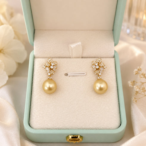 Earrings by House Of Pearls: Flora Bloom Golden South Sea Pearl Drop, pair with gold floral clusters and golden pearl drops
