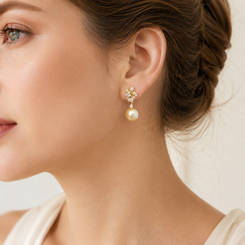 Flora Bloom Golden South Sea Pearl Drop Earrings, gold flower cluster with cream pearl drop, House Of Pearls.
