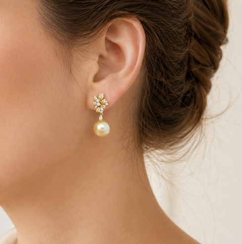 Flora Bloom Golden South Sea Pearl Drop Earrings, gold flower cluster with cream pearl drop, House Of Pearls.