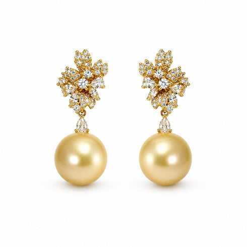 Earrings Flora Bloom Golden South Sea Pearl Drop Earrings, gold-tone with crystal floral clusters and two golden pearls