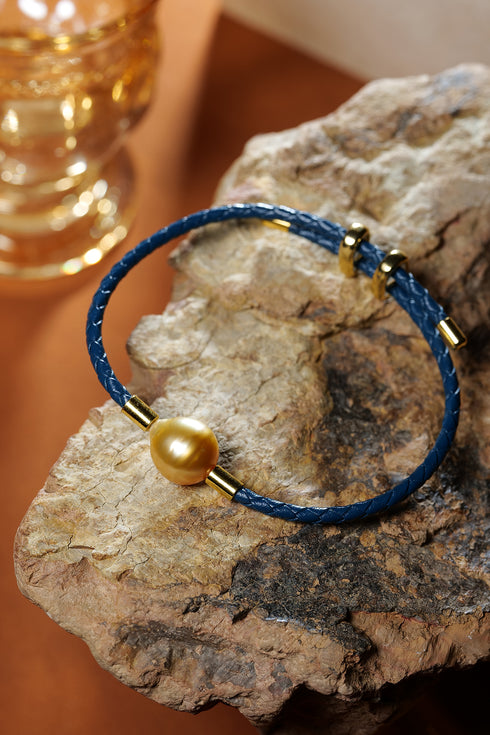 Golden South Sea Pearl Blue Leather Bracelet - Bracelets made with hand-selected pearls from House of Pearls